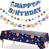Outer Space Birthday Party Decorations Space Theme Party Supplies with Happy Birthday Banner Solar System Tablecloth for Galaxy Space Birthday Party Decor (Tablecloth+Flag Banner)