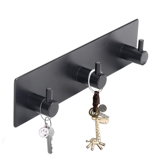 soclim Key Holder (3 Hooks) - Sturdy Self Adhesive Stainless Steel, Matte Black, Wall Mount, Damage Free, Extra Thick, for Keys and Masks, Entryway, Hallway