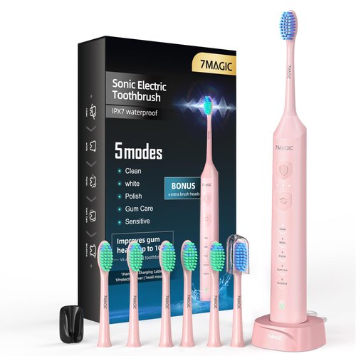 Electric Toothbrush for Adults, Sonic Toothbrush with 3 Intensity Levels & 5 Modes, One Charge for 90 Days, Rechargeable Electric Toothbrush with 40,000 VPM Deep Clean & 6 Toothbrush Heads(Pink)