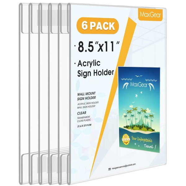 MaxGear Acrylic Sign Holder 8.5 x 11 inch 6 Pack, Wall Mount Sign Holder with Double-Sided Tape, Clear Plastic Sign Holders, Document Flyer Acrylic Picture Frame for Office, Home, Store