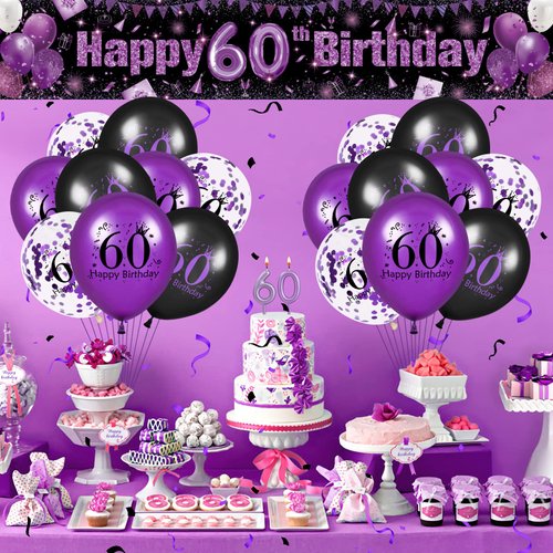 60th Birthday Party Decorations Purple Black Happy 60th Birthday Banner and 18PCS 60th Birthday Balloons for Women Men Purple Black 60th Birthday Yard Sign for 60th Anniversary Birthday Party Supplies