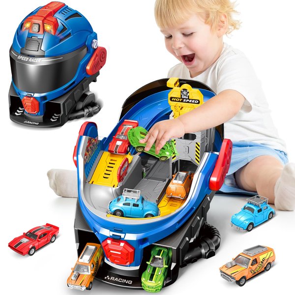 SpringFlower Boys Toys for 3 4 5 6 7 Years Olds, Race Track Toys,Race Helmet Design with 4 Die cast car Toy,Car Toys Set for Toddlers,Ideal Gift for 3 4 5 6 7 Years Old Kids