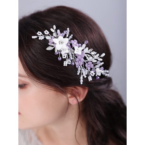JWICOS Bridal Flower Hair Clips Wedding Hair Comb Pearl Wedding Hair Accessories for Women and Girls purple