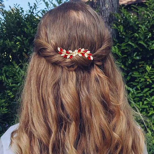 PRETTYLIFE Bridal Crystal Hair Comb Small Wedding Alloy Rhinestone Party Prom Hair Piece Accessories Elegant for Women Girls (Red + Gold)