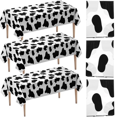 Cow Print Tablecloth (Pack of 3) 54 x 72 Inch Tablecloths for Farm Animal Themed Parties, Birthday Party Supplies and Picnic Table Covers, (Black and White)