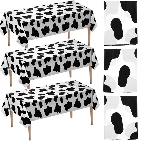 Cow Print Tablecloth (Pack of 3) 54 x 72 Inch Tablecloths for Farm Animal Themed Parties, Birthday Party Supplies and Picnic Table Covers, (Black and White)