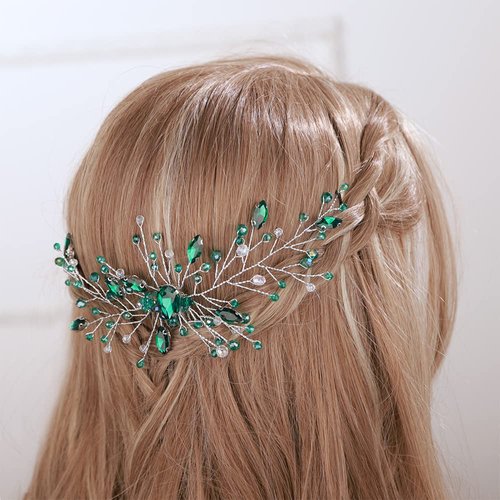 Aimimier Bridal Green Crystal Hair Comb Emerald Rhinestone Headpiece for Bride Wedding Prom Party Festival Hair Accessories for Women and Girls(Silver)