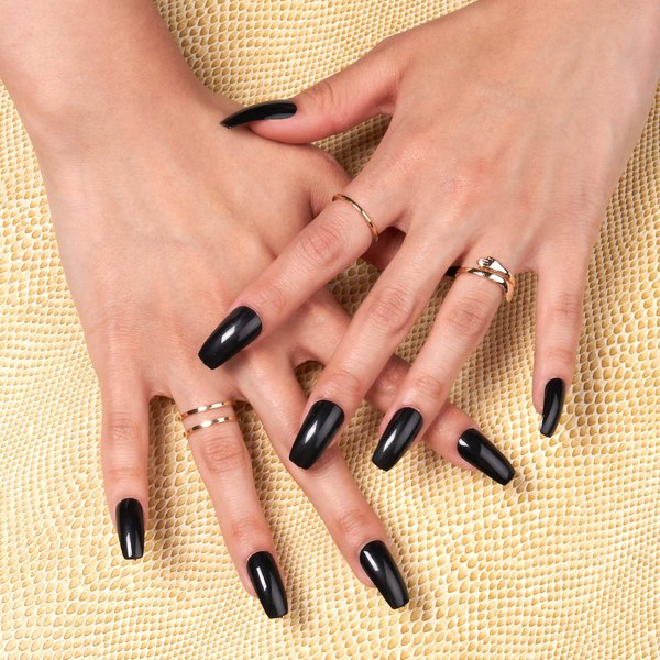 GoldFinger Press On Full Cover False Nails Kit with Glue, Solid Color Black Nails, Ready to Wear Gel, Medium, Long Length Nails (Crisp Air)