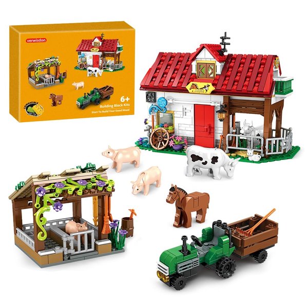 Verwisdon Farm Building Block Kit for Girls Boys,Animal Building Bricks Kit with Tractor and Tools Toy Creative Toys for Kids Age 6 7 8 9 10 11 12