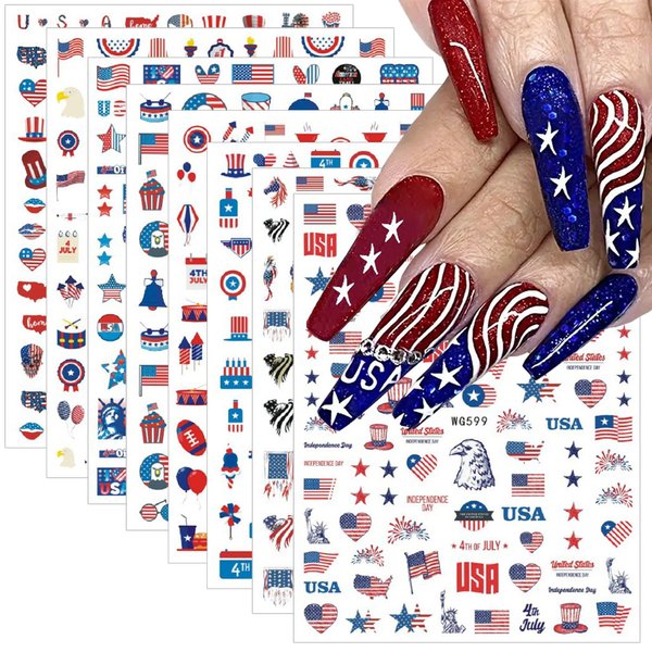 10 Sheets 4th of July Nail Art Stickers Decals Independence Day USA Flag Stars 3D Self-Adhesive Nail Decals Holiday Design Nail Supplies Decals for Acrylic DIY Salon Manicure Decoration Accessories