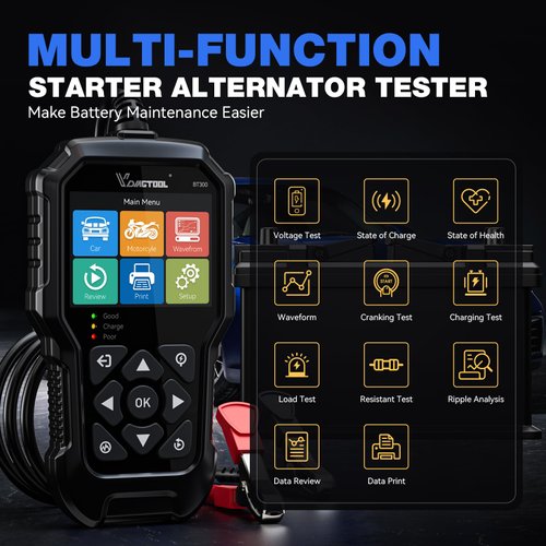 VDIAGTOOL BT300 Car Battery Tester 12V, 5-3000 CCA Load Tester Starter Alternator Tester Automotive Charging Cranking System Tester for Motorcycle Car Truck SUV ATV Boat