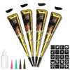 Temporary Tattoos Kit, 4Pcs Black Semi Permanent Tattoo Paste Cones, India Body DIY Art Painting for Women Men Kids, Summer Trend hand Plaste with 1 Bottle,4Pcs Nozzles,20Pcs Adhesive Stencil