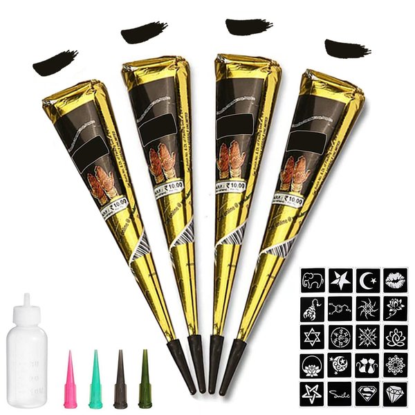 Temporary Tattoos Kit, 4Pcs Black Semi Permanent Tattoo Paste Cones, India Body DIY Art Painting for Women Men Kids, Summer Trend hand Plaste with 1 Bottle,4Pcs Nozzles,20Pcs Adhesive Stencil