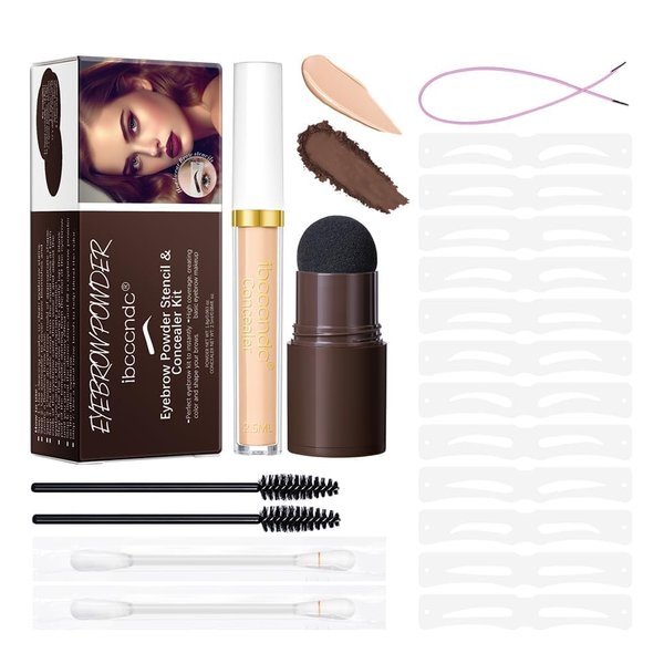 Eyebrow Stencil Kit, Professional Waterproof Brow Powder Stamp，One Step Brow Powder Stamp Makeup with 12 Reusable Eyebrow Stencils＆1 liquid concealer 02# (Natural brow)