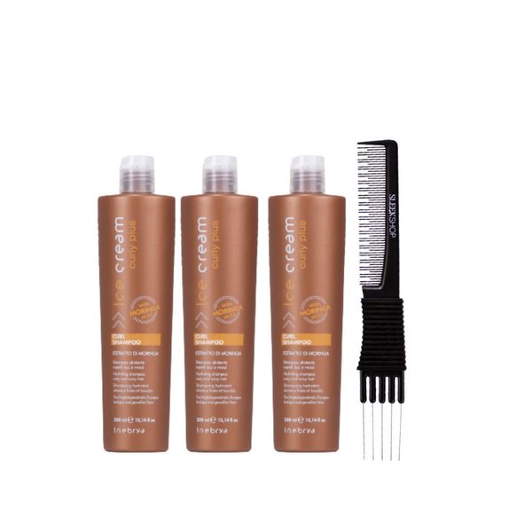kuss Inebrya Ice Cream Curly Plus Curl Shampoo (10.14 oz) with Teasing Comb Pack of 3