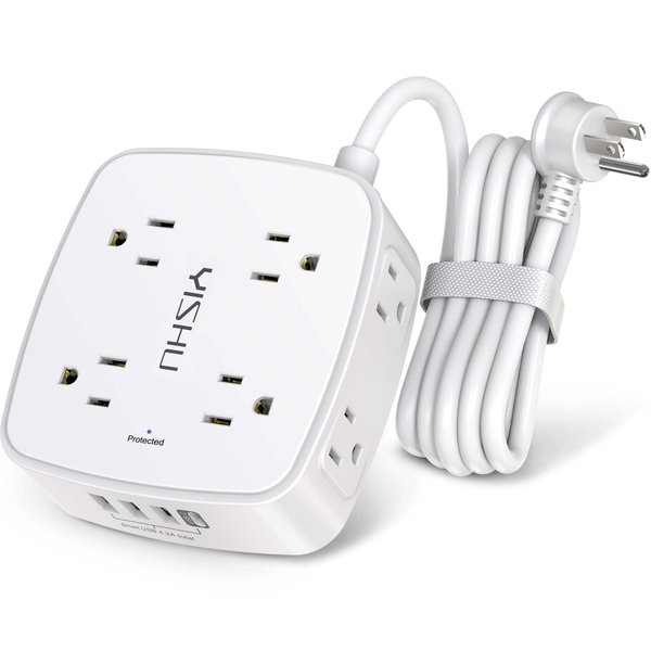 6 Ft Surge Protector Power Strip - 8 Widely Outlets with 4 USB Ports, 3 Side Outlet Extender with 6 Feet Extension Cord, Flat Plug, Wall Mount, Desk USB Charging Station, ETL,White