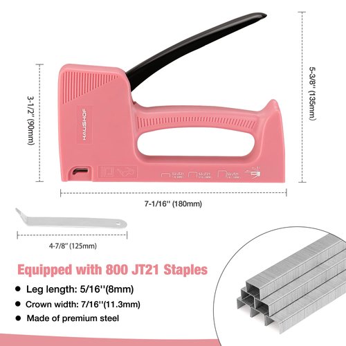 HAUSHOF Light Duty Staple Gun, Upholstery Staple Gun with 800PCS JT21 Staples and Stapler Remover, Pink Staple Gun Kit fits JT21 Staple of 1/4'', 5/16'' & 3/8'' for Classroom, Crafts, DIY, Decoration