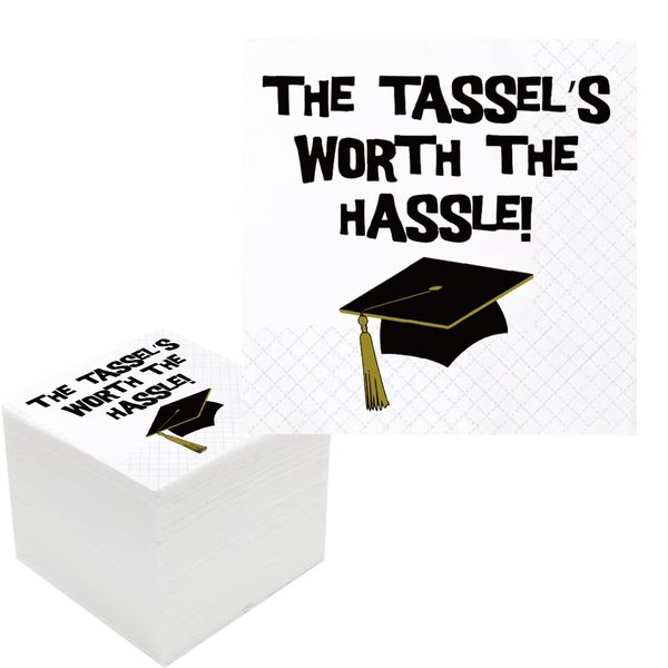 Geloar Graduation Napkins, 100 Pack The Tassel's Worth The Hassle Disposable Paper Cocktail Napkins for Class 2023 High School College Grad Party Decor 2-Ply, 5x5 Inches (Tassel's Worth Hassle)