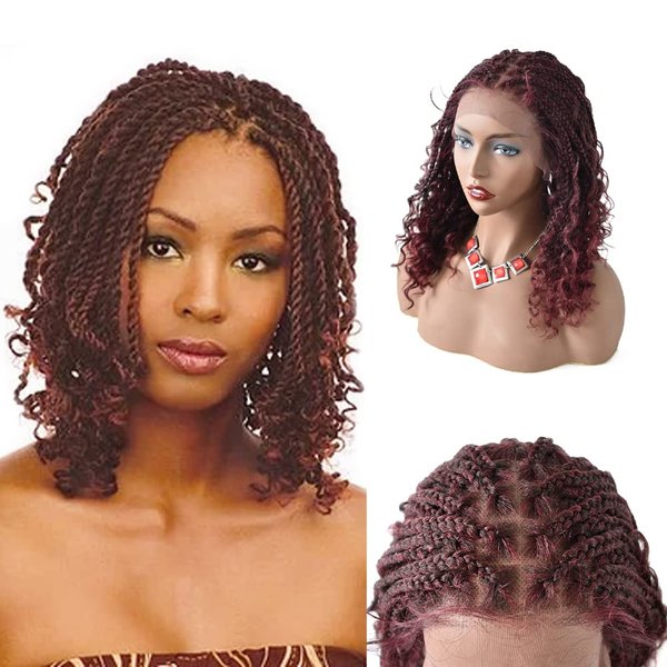 Curly Box Braided Wigs For Black Women Swiss Lace Front Hand braided With Natural Parting Knotless Synthetic Wig With Baby Hair Micro Twisted Braided Wigs Lightweight 18 Inch Medium Length Cornrow Box Braids Wigs For African American Women (#T1B/BUG-Black