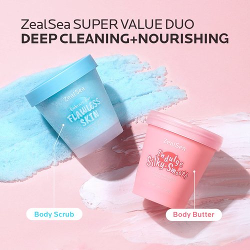 ZealSea 9.87 Oz Body Scrub & 7.05 Oz Body Butter Duo, Dead Sea Salt Exfoliating Natural Body Scrub Moisturizing Body Hand Legs Scrub and Coconut Shea Body Butter for Women