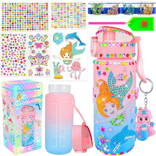 YIOTJUNL Decorate Your Own Water Bottle Kits for Girls Gifts Age 4-13, Mermaid Gem Crafts, Fun Arts and Crafts Gifts Toys for Girls Birthday Gift Christmas Gift, for 4 5 6 7 8 9 10 12 13 Year Kids.