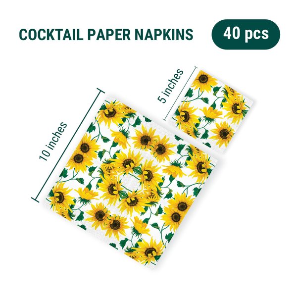 Beverage Napkins SUNFLOWERS ON WHITE 40pcs 5x5 Paper Cocktail Napkins, Sunflower Napkins, Fall Napkins, Thanksgiving Paper Napkins, Decorative Napkins for Decoupage, Thanksgiving Cocktail Napkins
