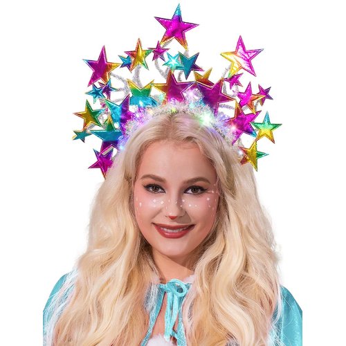 TWINKLEDE Halo Crown Light Up Headband Sparkly Stars Headpiece Glitter Hair Band Party Hair Accessories for Women and Girls (Rainbow)