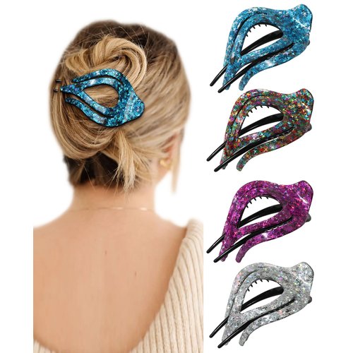 French Concord Curved Hair Clips - 4Pcs Acrylic Hair Claw Clips for Women Thick Hair Flat Hair Clips Strong Hold Claw Clips (Medium, Shiny(Silver/Green/Blue/Rose red))