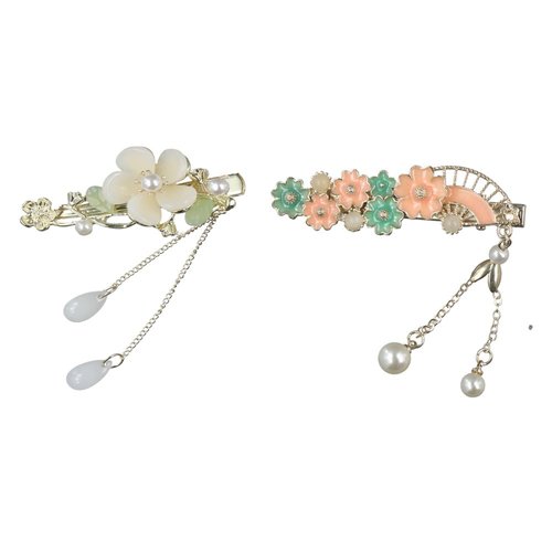 Pokinge 2pcs Elegant Flower Tassel Hair Clips,Sweet Pearl Fan Hairpins,Chinese Hanfu Duckbill Barrettes for Women,Alloy Hair Side Clips,Pearl Floral Headwear