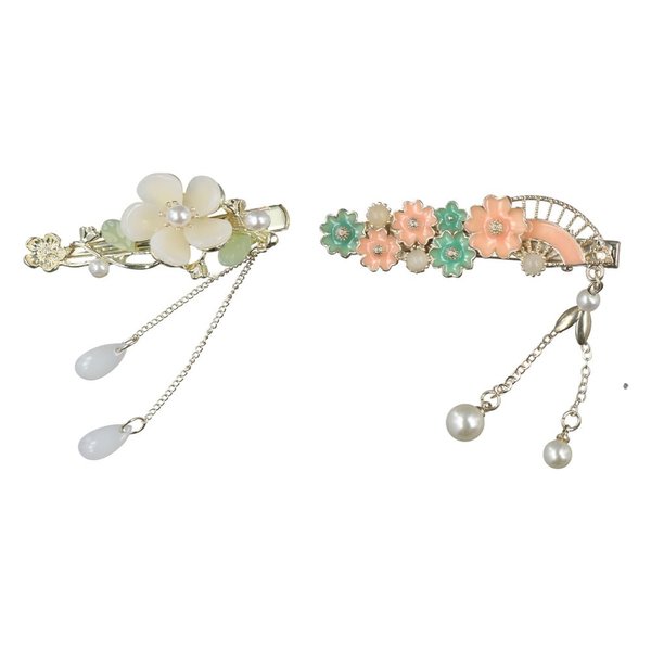 Pokinge 2pcs Elegant Flower Tassel Hair Clips,Sweet Pearl Fan Hairpins,Chinese Hanfu Duckbill Barrettes for Women,Alloy Hair Side Clips,Pearl Floral Headwear