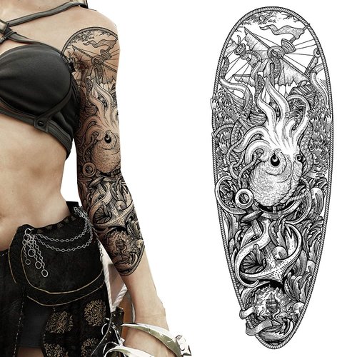 Tatodays 2 x Temporary tattoo full arm caribbean pirate kraken stick on body art transfer for women and men cosplay halloween adult temp tattoo for arms fancy dress