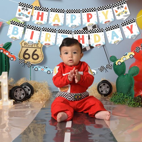 Vintage Race Car Birthday Decorations - Happy Birthday Banner, Racing Car Garland, Retro Race Car Birthday Decorations Pastel, Let's Go Racing Birthday Party Decorations for Boys