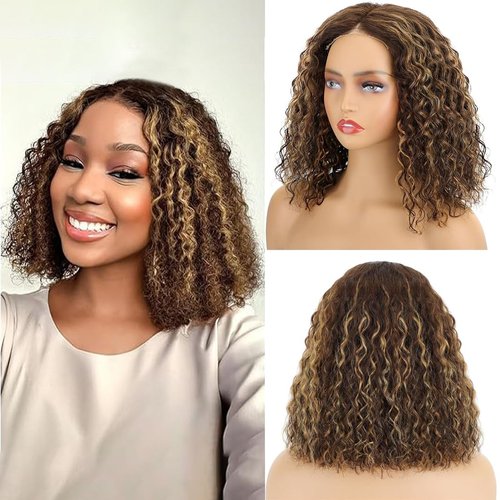 RQY Highlight Curly Bob Wig Human Hair Short Curly Blonde Brown Human Hair Wig(10inch) 4x4 Glueless Lace Front Wigs Human Hair Honey Blonde Brown Ombre Human Hair Wigs for Black Women 150% Density
