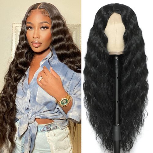 32" Long Curly Synthetic Wigs for Black Women Fake Scalp Wig Deep Wave Lace Front Wig Middle Part Natural Looking, Color 1B#
