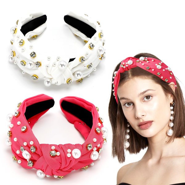 2Pcs Pearl Knotted Headband Women Girls Rhinestone Crystal Jeweled Embellished Hairband Wide Top Knot Hairband Headpieces Fashion Beaded Sparkly Hair Accessories