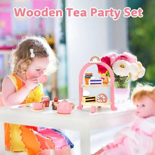 Tea Party Set Girl Toys - Wooden Tea Set for Little Girls Kids Toddlers Pretend Play Food Kitchen Toy Set Wooden Toy Birthday Gifts Toys for Girls 3 4 5 6 Year Old Girl