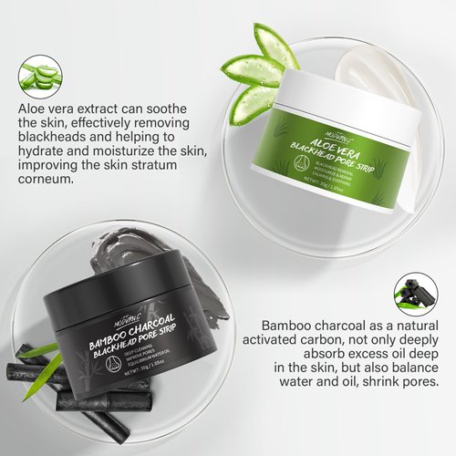 Blackhead Pore Strip 2pcs Aloe Vera Blackhead Remover Strip Bamboo Charcoal Nose Pore Strips Deep Cleaning Whitehead Strawberry Noses Blackhead Remover Face Mask Shrink Pores With 120pcs Paper