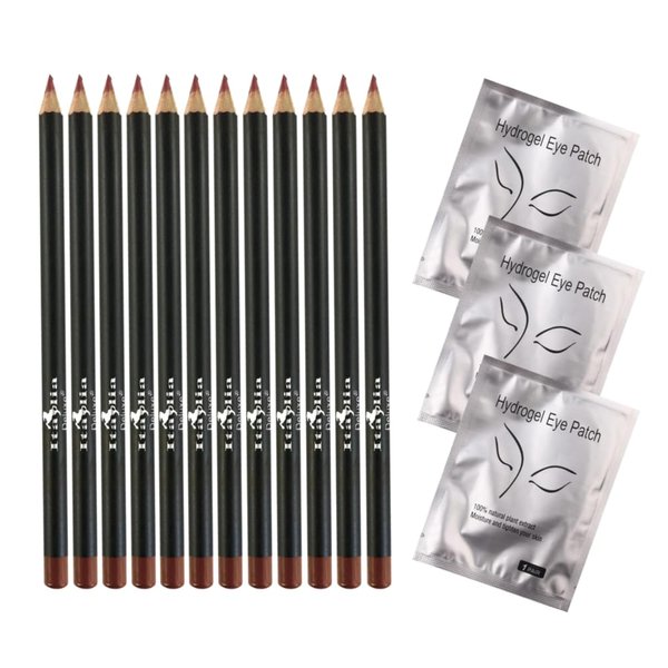 Italia Deluxe 12 pcs Eyeliner Pencil, Ultra Fine, Creamy, High-pigmented, Long-lasting + 3 pair Hydrogel Eye Patch for Lash Extensions (Light Brown)