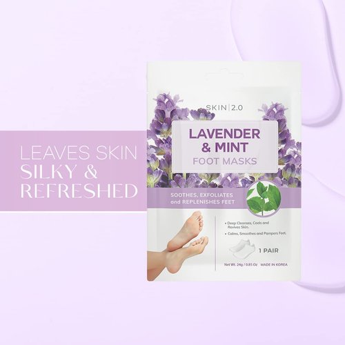 Skin 2.0 Lavender and Mint Foot Masks Moisturizing Socks - Relieves Swollen & Aching Feet, Removes Unwanted Odor, Relaxing Foot Mask - Cruelty Free Korean Skin Care For All Skin Types - 3 Pairs