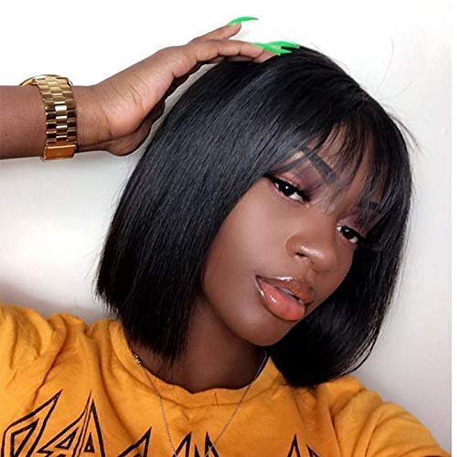 Quinlux Wigs 13X4 Lace Front Wig 150% Density Air Bangs Natural Color Short Bob Wigs Brazilian 100% Human Hair For Women (12 inch/lace front wig, 150% density)