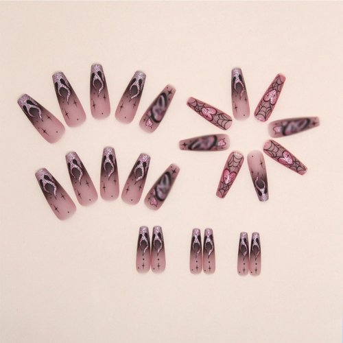 Halloween Press on Nails Long Coffin Fake Nails Pink Glitter False Nails with Designs Cute Ghost Heart Flame Spider Glue on Nails Full Cover Acrylic Nails Stick on Nails for Women 24pcs