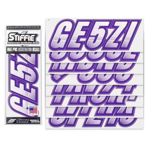 Stiffie Techtron White/Purple 3" Alpha-Numeric Registration Identification Numbers Stickers Decals for Boats & Personal Watercraft
