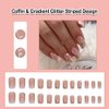 ANDGING Coffin Press on Nails Short Medium Ombre White Glue on Nails with Gradient Glitter Gold Line Striped Design Acrylic Fake Nails for Wedding False Nails Women Manicure Stick on Nail with Glue