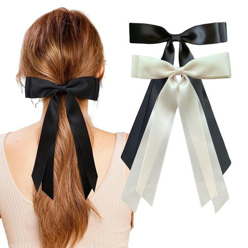 Hair Bow Clips 2 Pcs, Women Silky Satin Hair Bowknot Clips Hairclips Double Ribbon Tassel Ponytail Holder Accessories, Hair Bow Barrettes Clips for Girls Toddlers Teens Kids Gifts, Black+Beige