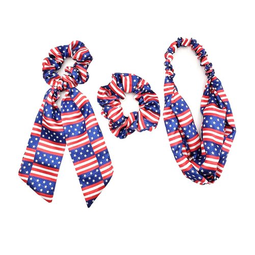 Patriotic Hair Tie 4th of July Hair Band Ponytail Holder American Flag Hair Accessories for Women Girl Hair Scrunchies 7pcs Red White Blue Hair Ties TSFQ05 (3pcs Style A)