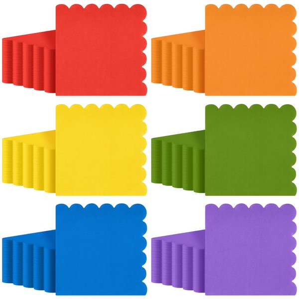 durony 150 Pack Scalloped Napkins 5 x 5 Inch Disposable Paper Napkins Gradient Color Napkins with Scalloped Edges for Dinner Wedding Birthday Party Supplies, Bright Rainbow