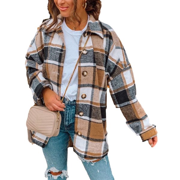 Yeokou Women's Fall Color Block Plaid Flannel Shacket Jacket Button Down Shirt Coat Tops(Khaki-M)
