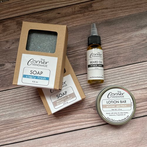The Corner Handmade Beard Oil Gift Box, Mens Grooming Gift Set, Holiday Gift Basket, Body Care Gift for Dad