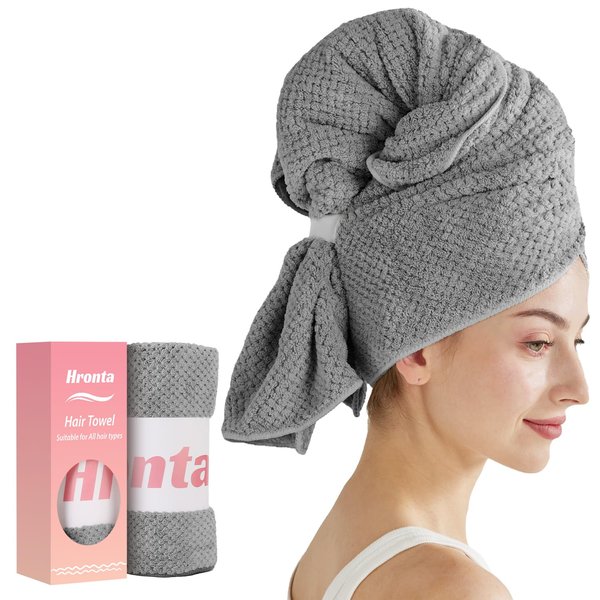 Hronta Microfiber Hair Towel Wrap, Hair Towels for Women, 40" x 26.3" Super Absorbent Quick Dry Hair Towels for Curly, Long, Thick Wet Hair, Durable Soft Hair Towel Wrap Grey
