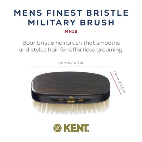 Kent MN1B Finest Men's Military Style Rectangular Ebonywood Hair Brush with 100% Natural White Boar Bristle - Ideal for Fine or Thinning Hair, Sensitive Scalp Brush, 360 Wave, and Beard Straightener